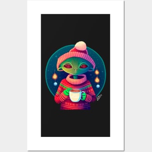 Christmas Funny Alien Drinking Coffee Wearing Sweater Posters and Art